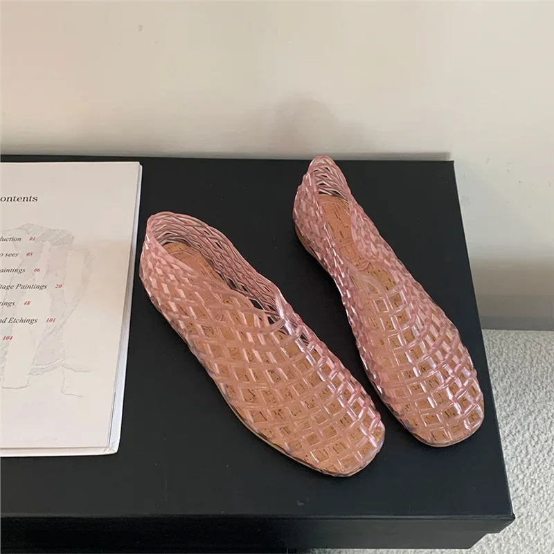 Valenzora | Sommer-Jelly-Schuhe Damenmode Transparente Mesh-Ausschnitt-Strandschuhe Damen Flache Sandalen Farbige runde Zehen-Jelly-Sandalen