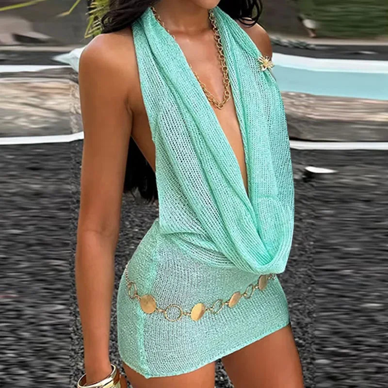 Valenzora | Glitzer-Neckholder-Minikleid Damen Strick Trägerlos Ärmelloses Bodycon Party Club Kleider Weiblich Sommer Damenmode Y2K Roben