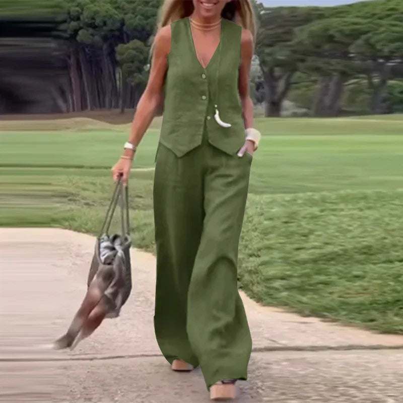 Valenzora Modern Set | Elegant sleeveless V-neck top and wide-leg trousers women's suit