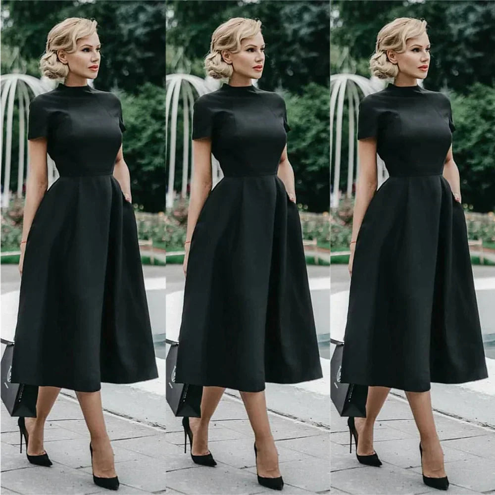 Valenzora | Elegantes schwarzes Damenkleid, halbhoher Kragen, hohe Taille, A-Linien-Kleider, figurbetontes Kleid, Business-Kleid, einfarbige Damen-Vestidos