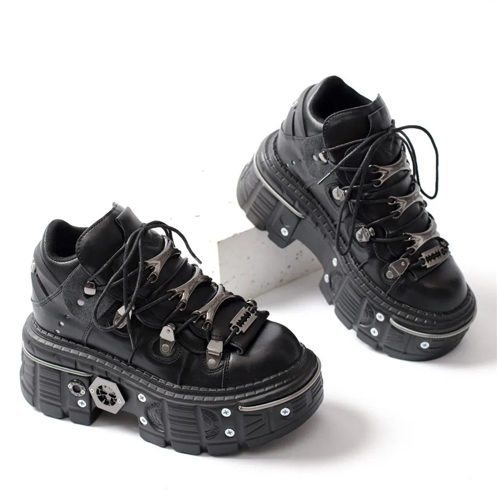 Valenzora | Fashion Women's Ankle Boots, Thin Heels, Round Toe, Lace-Ups, Metal Decoration, Sneakers, Studded, Punk, Gothic, Rock Shoes