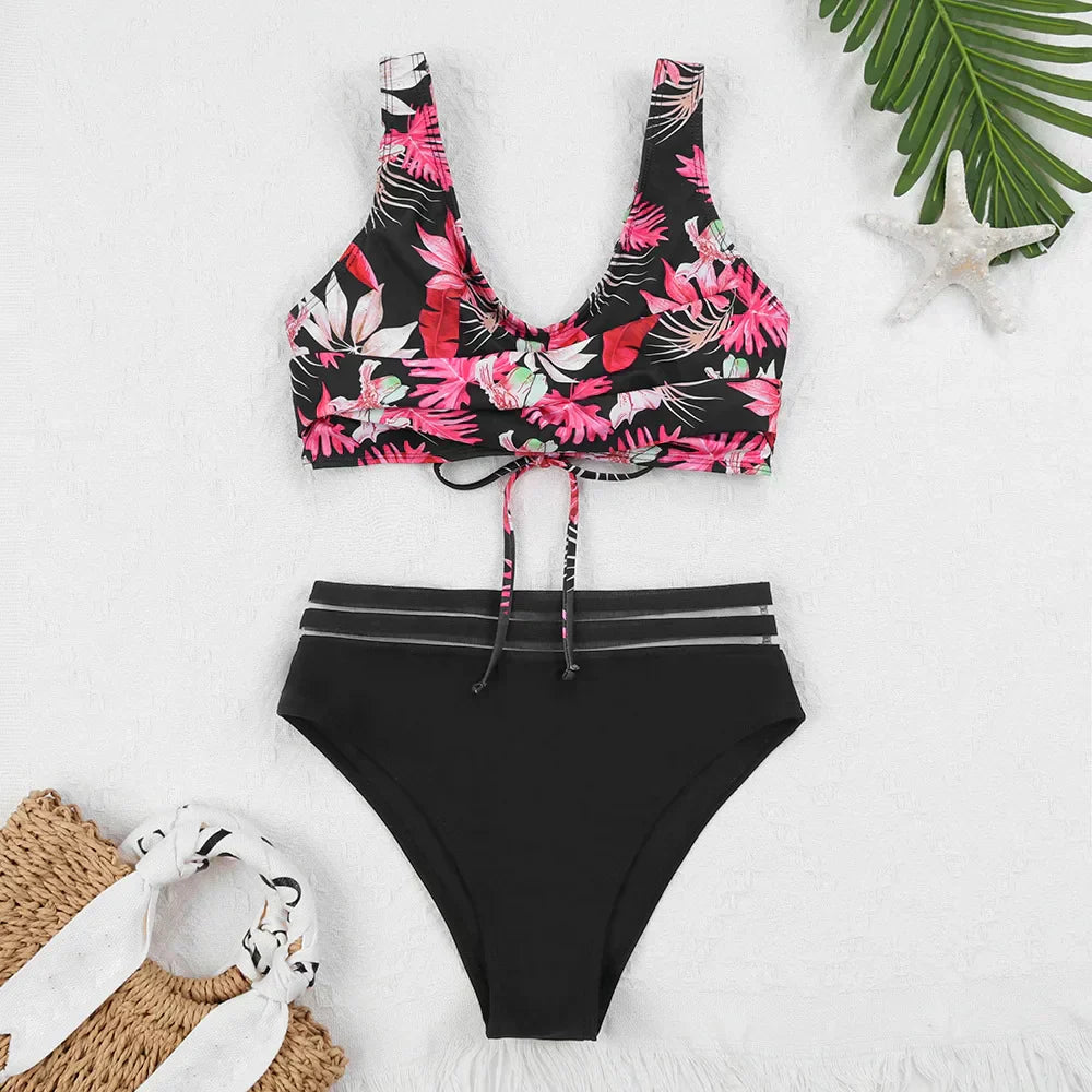 Valenzora | Schnür-High-Waist-Bikini Damen Bademode Damen Badeanzug Gepolstert Push-Up Floral Badeanzug Damen Bikini-Set