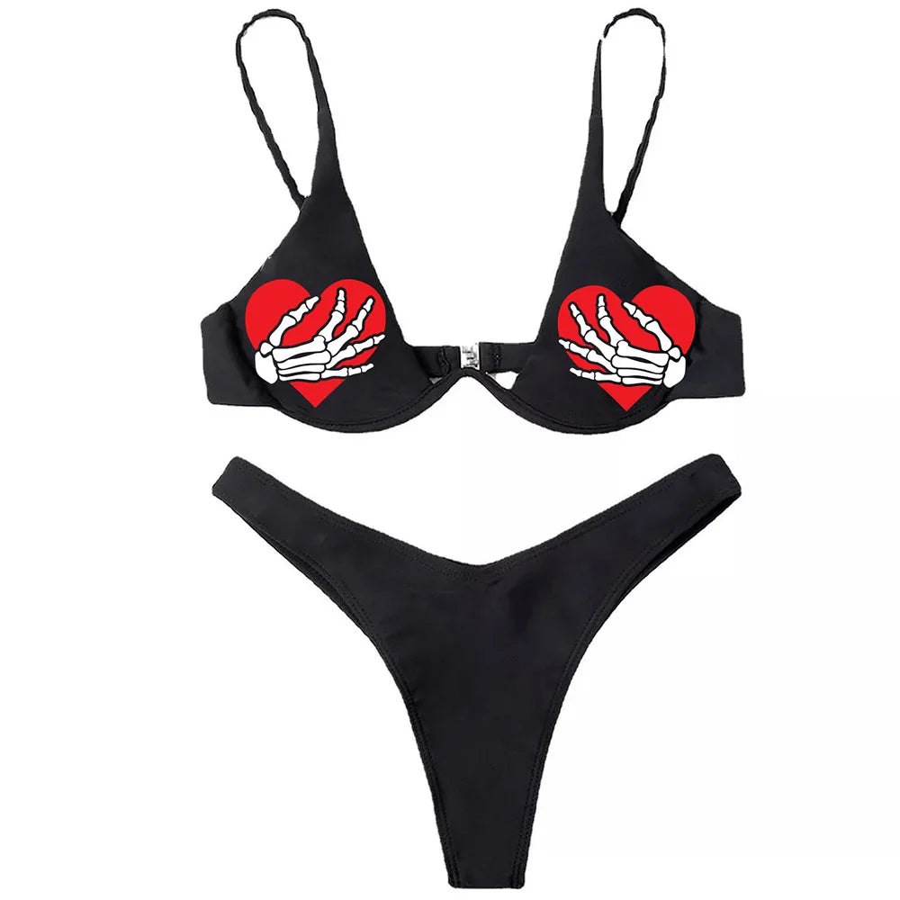 Valenzora | Sexy Goth Bikini Women's Letter Skull Print Swimsuit Split Swimsuit High Waist Gothic Bikini Set Beach Outfits