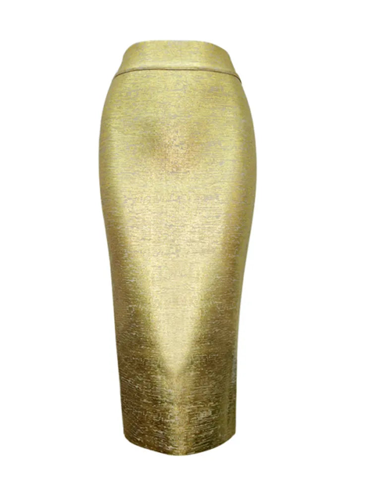Valenzora | Damen-Sommerrock Sexy Silber Gold Bronzing Midi Bandage Rock High Street Designer Slim Fit Uni Midi Bleistiftrock 78cm