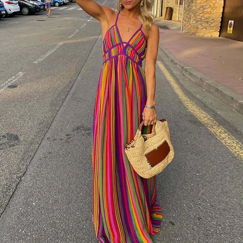 Valenzora | Vibrantes, gestreiftes Maxikleid mit Taillenbetonung