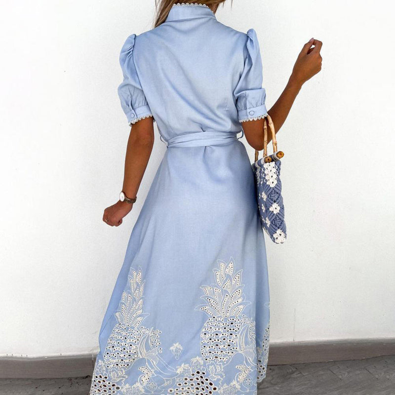 Valenzora | Maxi dress with embroidered cut-out design, puff sleeves, button closure, and waist knot