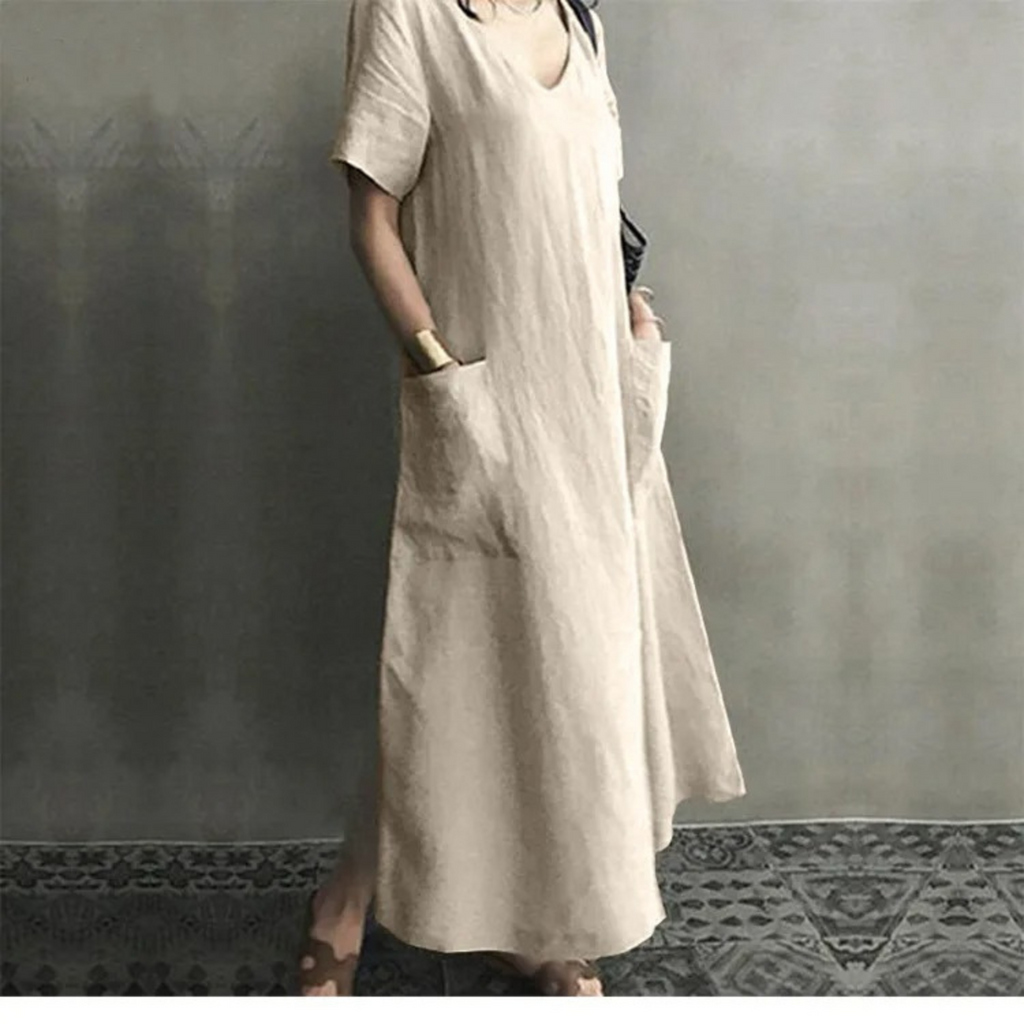 Valenzora | Schlankes, bequemes Leinenkleid mit V-Ausschnitt