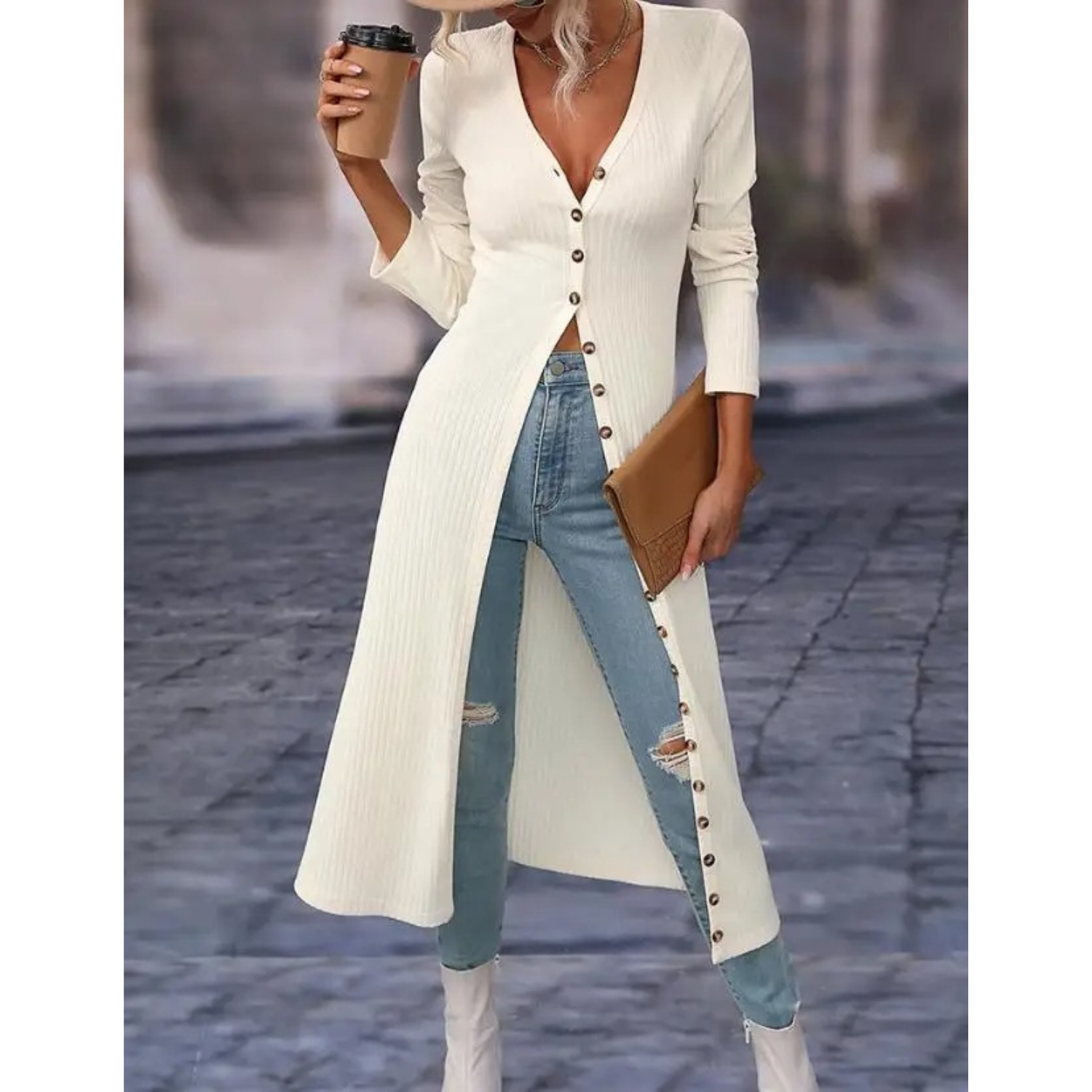 Valenzora | Fit V-neck With button Long summer jacket