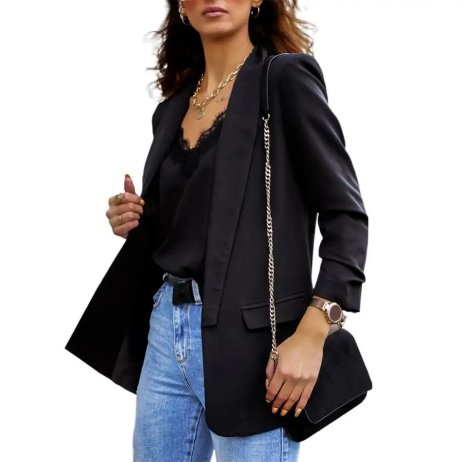 Valenzora | Einfarbige Jacke, moderner Damenblazer mit Revers und langen Ärmeln