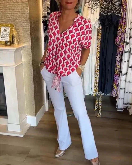 Valenzora | Top Women's Loose Fit V-Neck Short Sleeve Blouse