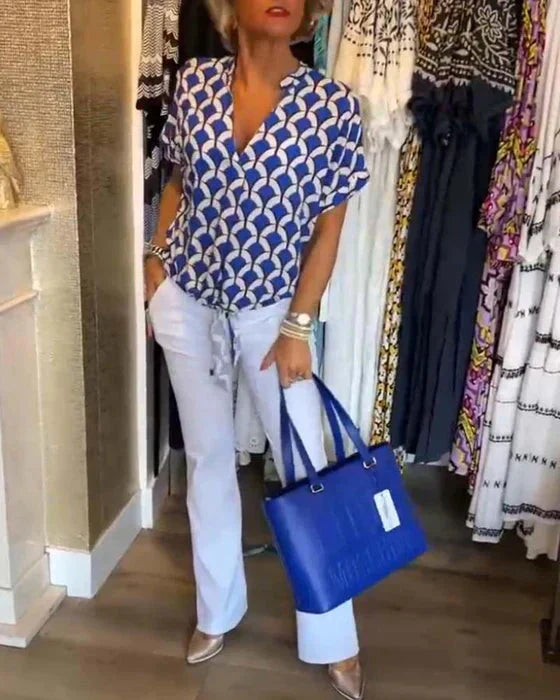 Valenzora | Top Women's Loose Fit V-Neck Short Sleeve Blouse