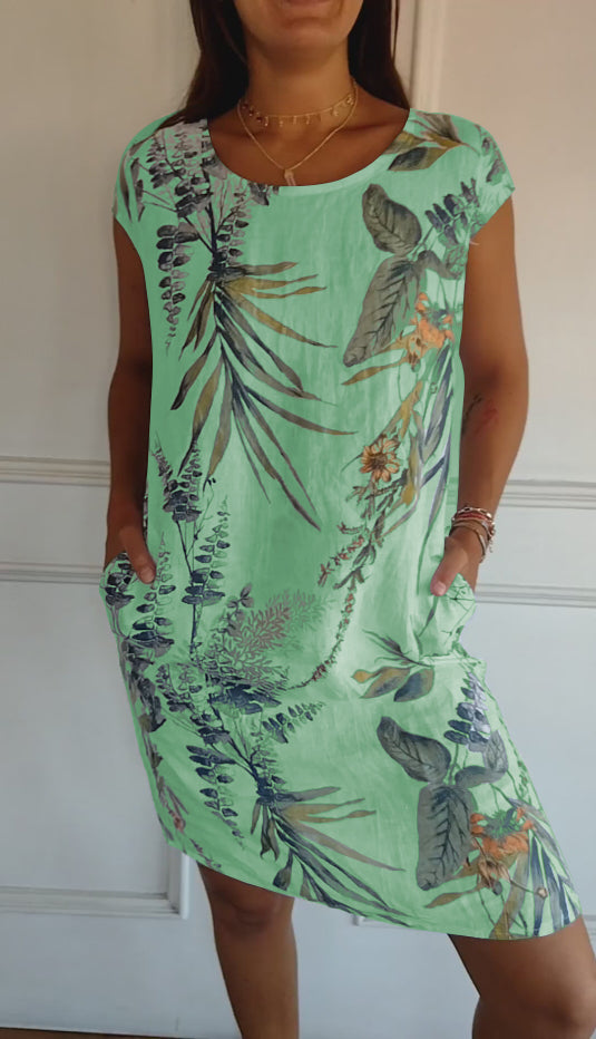 Valenzora | Short sleeves, loose fit, short dress, floral dress