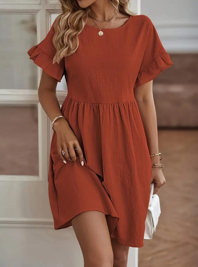 Valenzora | Loose Fit Short Sleeve Ruffled Dress Short Dress