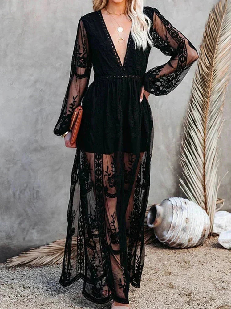 Valenzora | V-Ausschnitt Langarm Maxikleid Sommerkleid