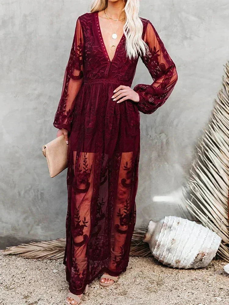 Valenzora | V-neck Long Sleeve Maxi Dress Summer Dress