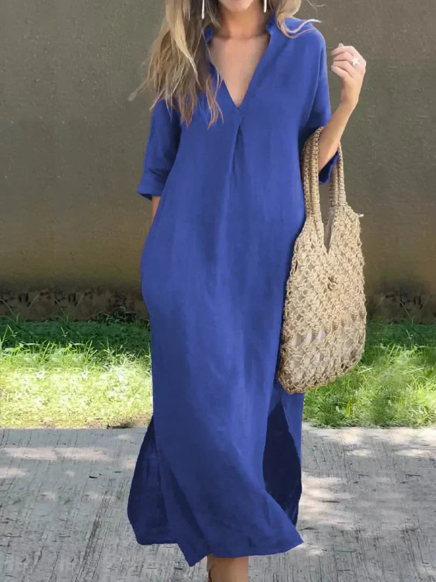 Valenzora | Linen dress with V-neck and pockets for women