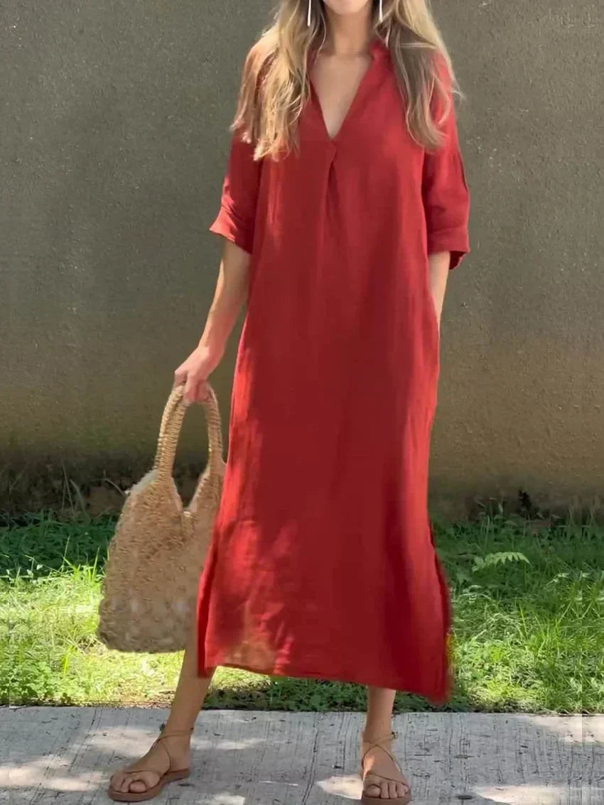 Valenzora | Linen dress with V-neck and pockets for women