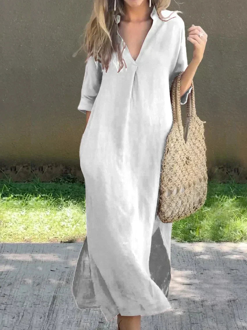 Valenzora | Linen dress with V-neck and pockets for women