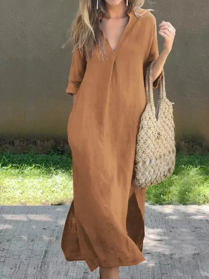 Valenzora | Linen dress with V-neck and pockets for women