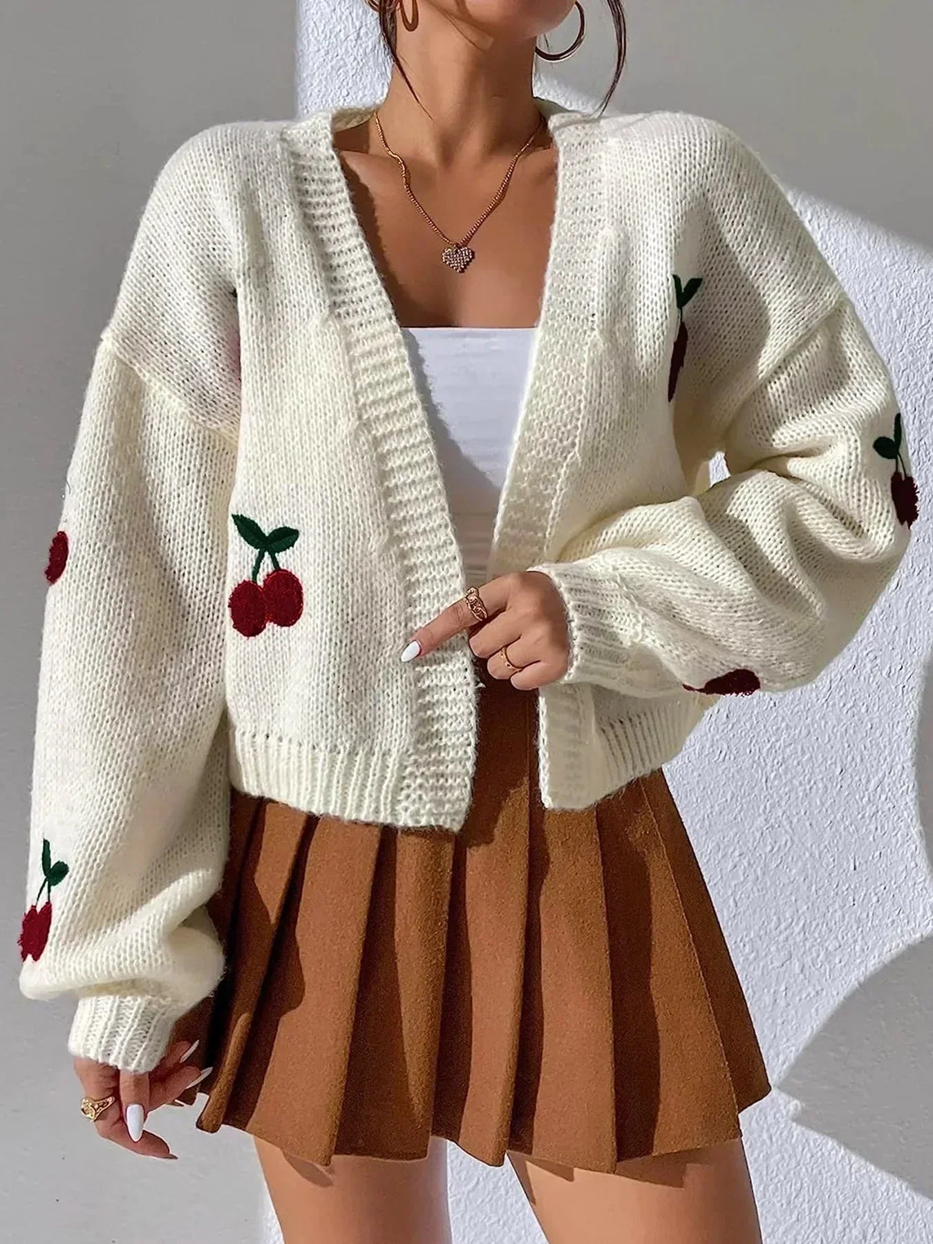 Valenzora | Cherry Red White Chunky Knit Jacket Women's Jacket
