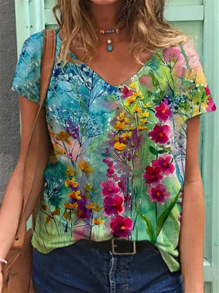 Valenzora | V-neck shirt with floral painting