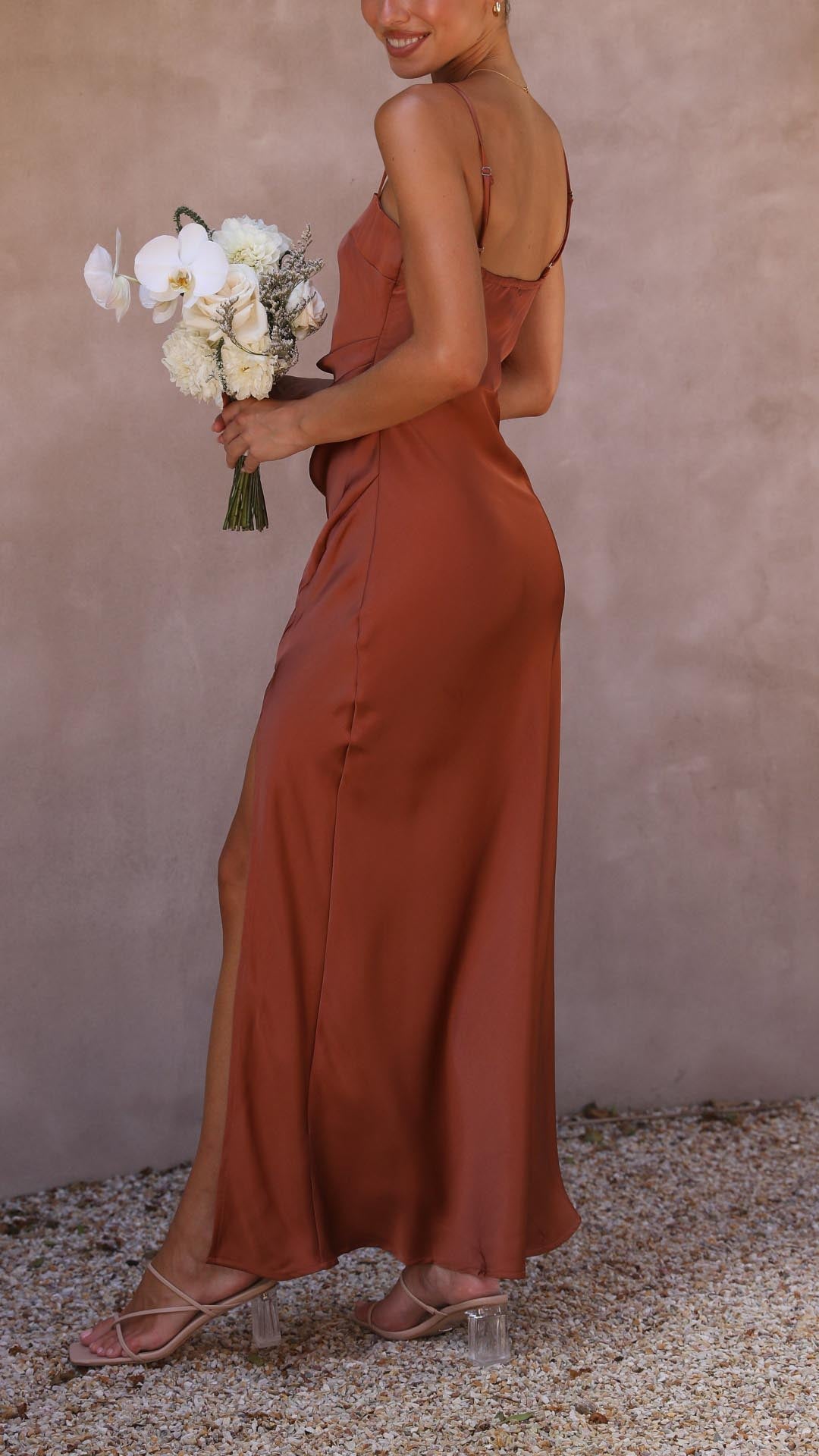 Valenzora | Square-neck satin pleated maxi dress