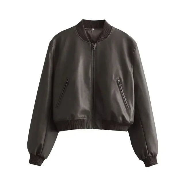 Valenzora - Vintage PU leather bomber jacket for women with stand-up collar and front zipper