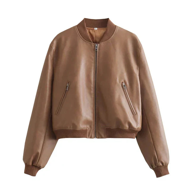 Valenzora - Vintage PU leather bomber jacket for women with stand-up collar and front zipper