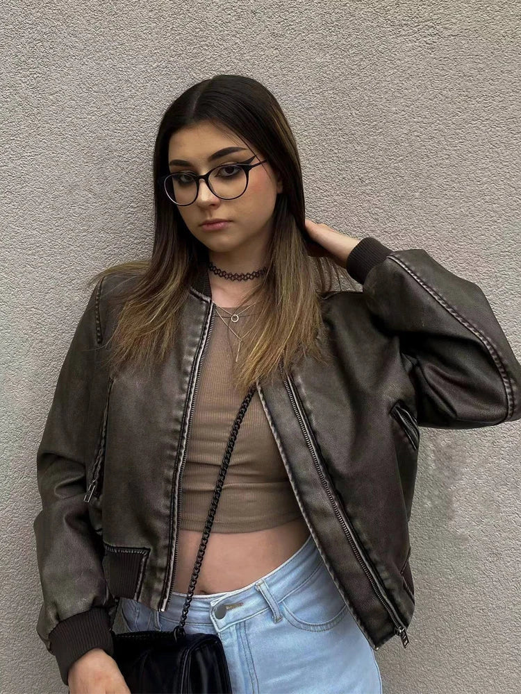 Valenzora - Vintage PU leather bomber jacket for women with stand-up collar and front zipper