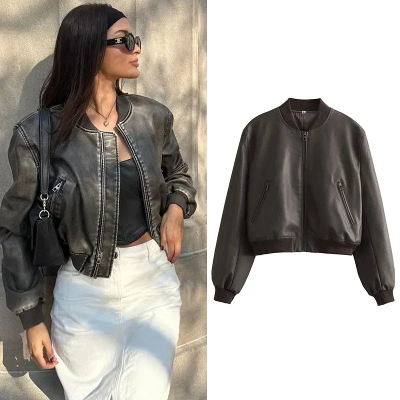 Valenzora - Vintage PU leather bomber jacket for women with stand-up collar and front zipper