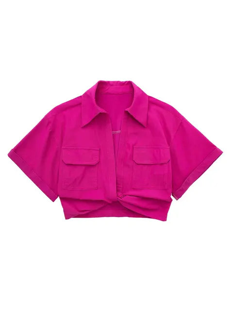 Valenzora – Damen Vintage Kurzarm Leinen Crop-Shirt