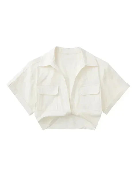 Valenzora – Damen Vintage Kurzarm Leinen Crop-Shirt