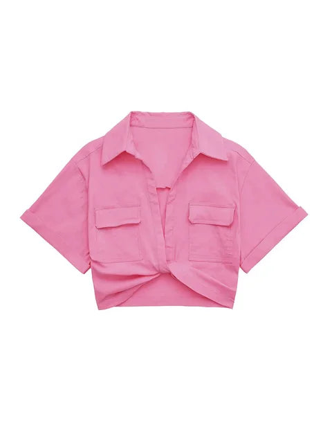 Valenzora – Damen Vintage Kurzarm Leinen Crop-Shirt