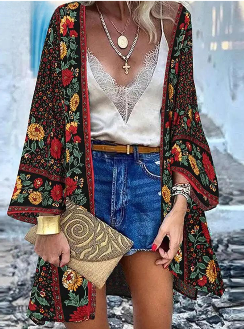 Valenzora | Summery women's cardigan in boho style with colorful floral pattern