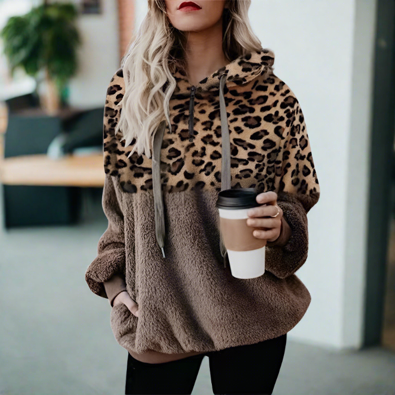 Valenzora – Casual, solid-color plush hoodie with pocket and leopard print