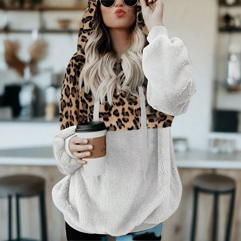 Valenzora – Casual, solid-color plush hoodie with pocket and leopard print