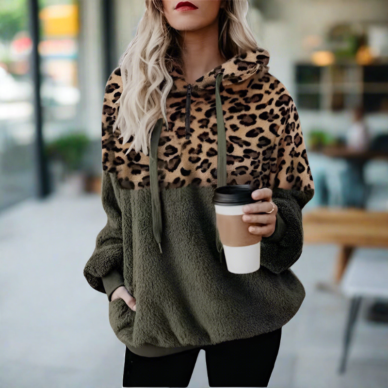 Valenzora – Casual, solid-color plush hoodie with pocket and leopard print
