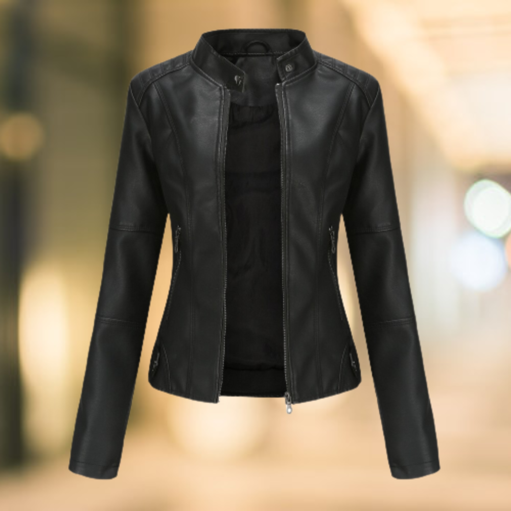 Elegant and chic leather jacket with a stand-up collar