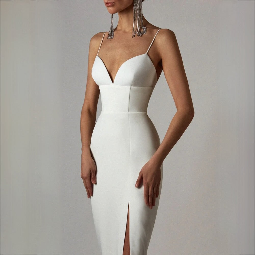 Valenzora | Midi dress with V-neck and spaghetti straps