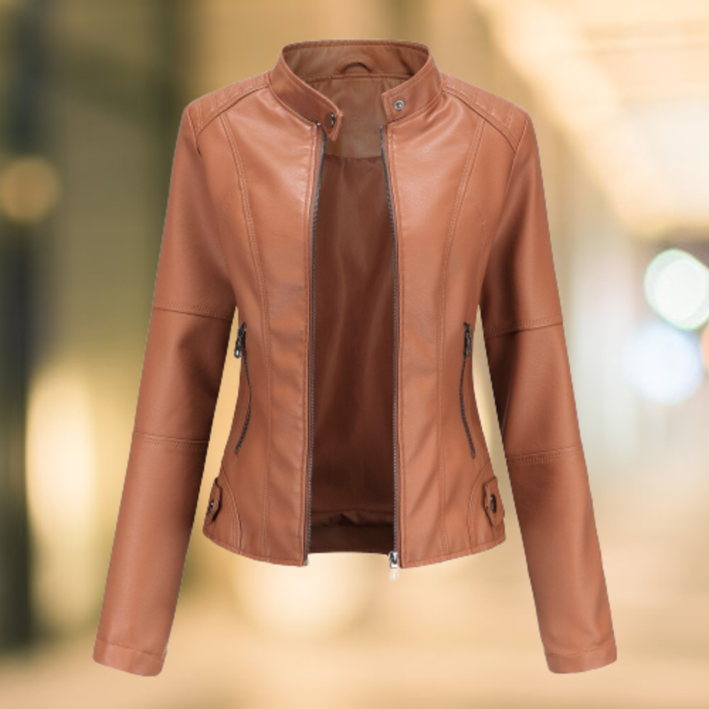 Elegant and chic leather jacket with a stand-up collar