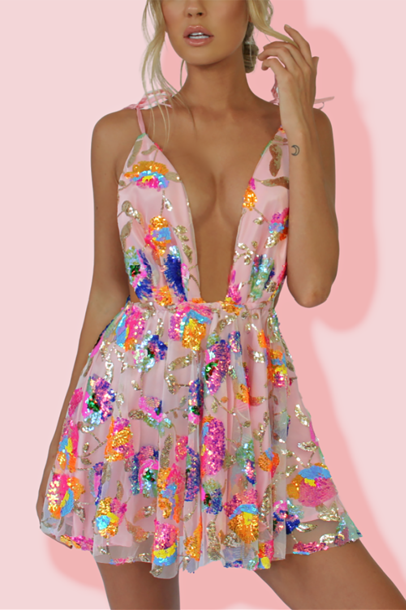 Valenzora | Regenbogen Pailletten Neckholder Minikleid mit offener Rückenpartie