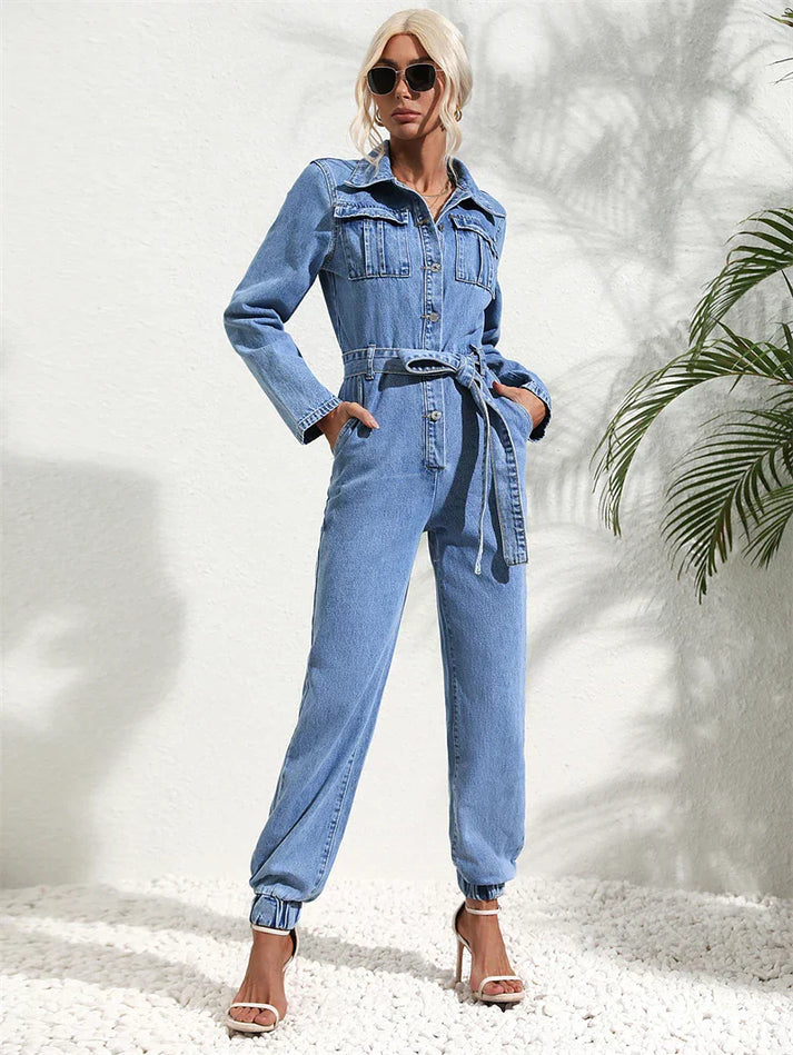 Valenzora | Casual Denim Jumpsuit with Belt and Long Sleeves for Women