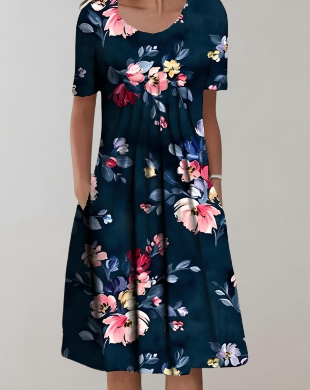 Valenzora | Short-sleeved, loose-fitting midi dress with floral pattern and pockets
