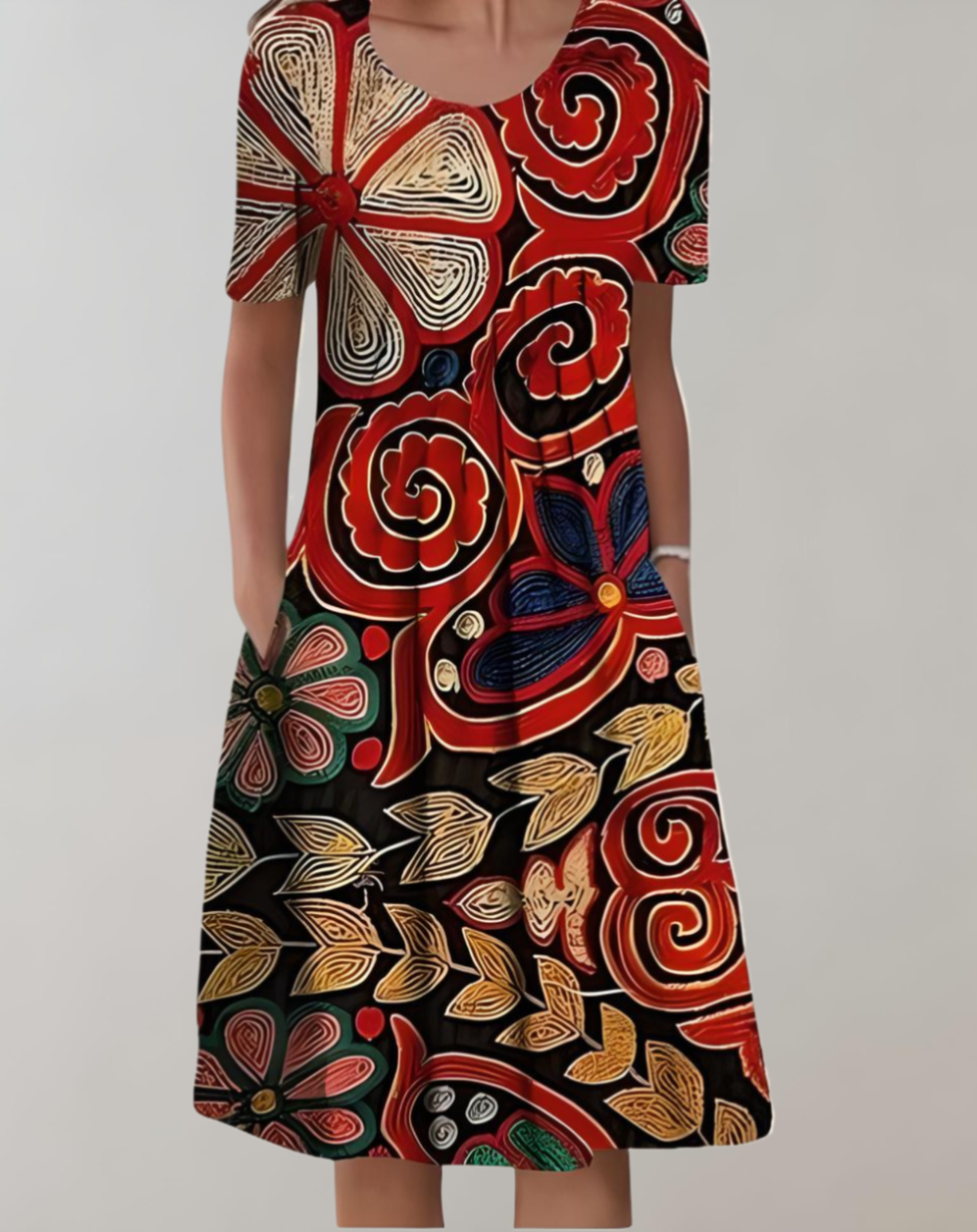 Valenzora | Short-sleeved, loose-fitting midi dress with floral pattern and pockets