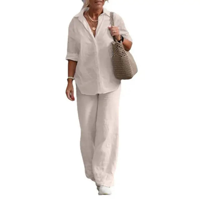 SummerSilhouette Duo™ – Damen Leinen-Zweiteiler mit Bluse & Hose, Luftig, Elegant & Bequem für den Sommer