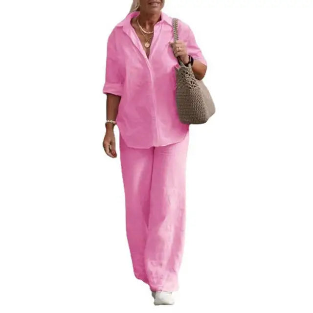 SummerSilhouette Duo™ – Women's Linen Two-Piece Set with Blouse & Trousers, Airy, Elegant & Comfortable for Summer