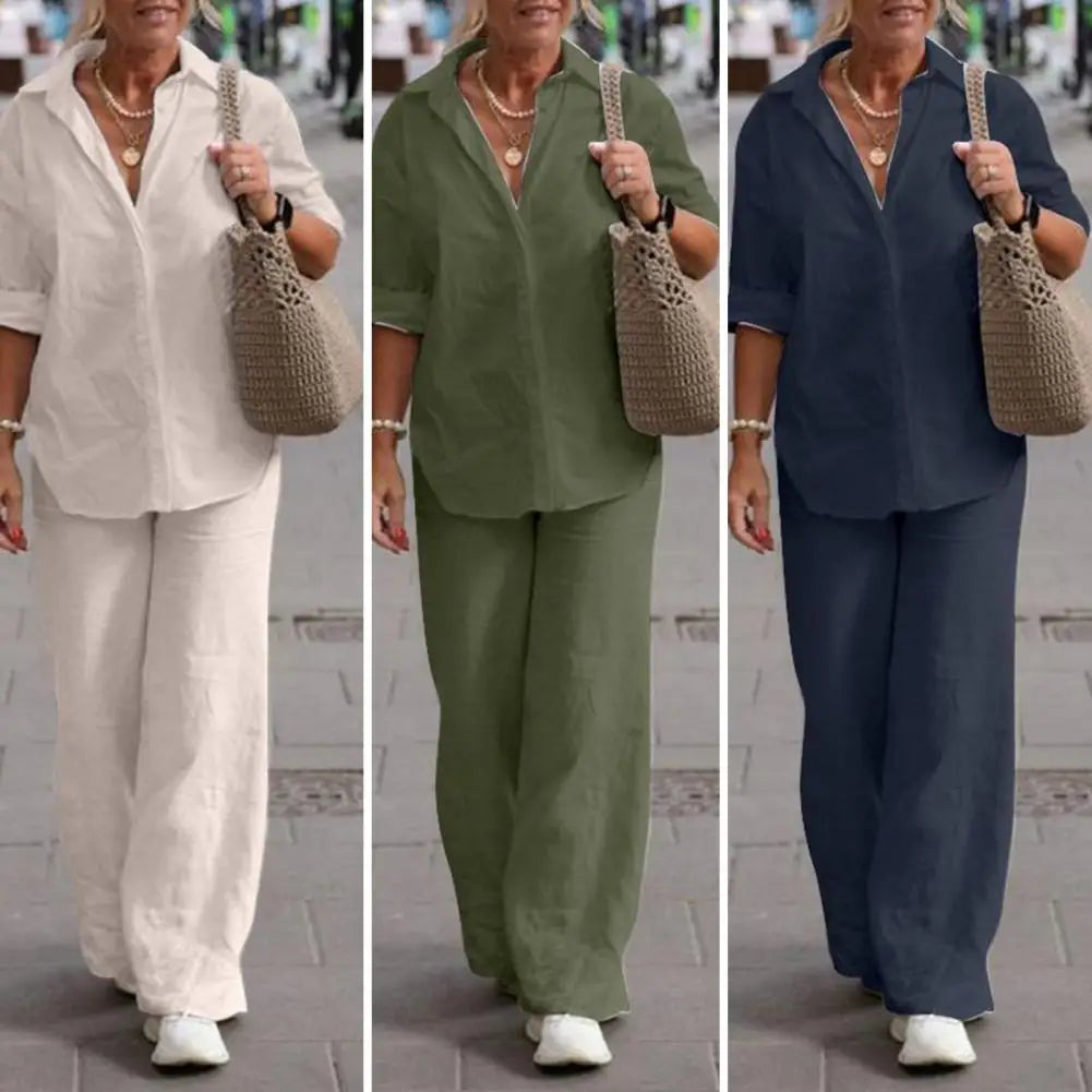 SummerSilhouette Duo™ – Damen Leinen-Zweiteiler mit Bluse & Hose, Luftig, Elegant & Bequem für den Sommer