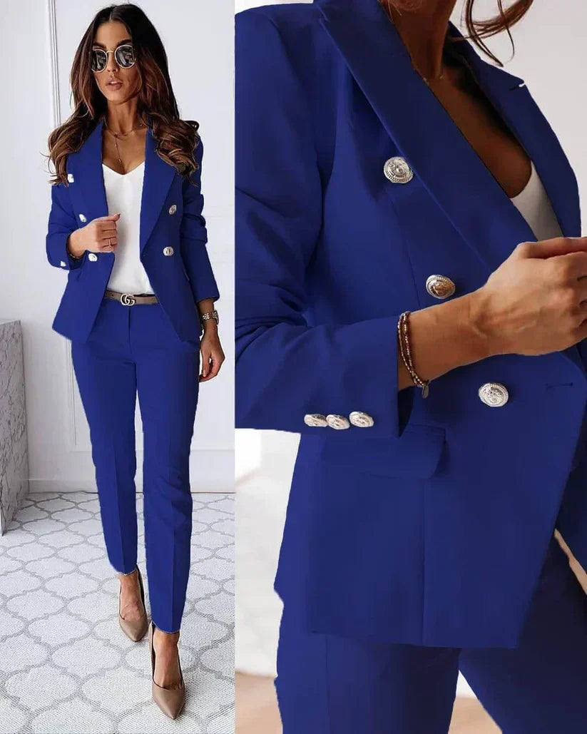 Women's elegant business suit set with double button placket and slim fit, size