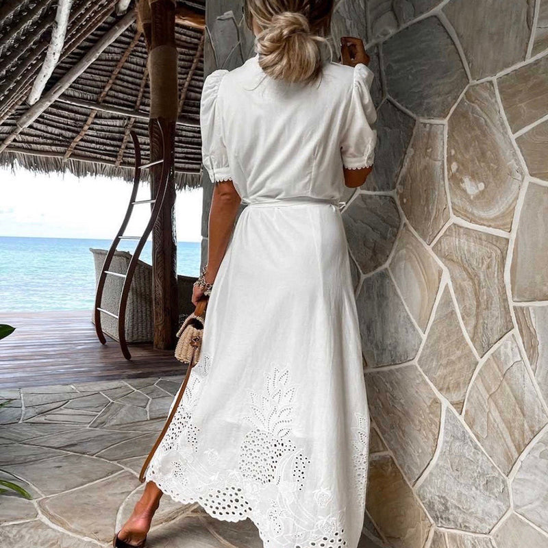 Valenzora | Maxi dress with embroidered cut-out design, puff sleeves, button closure, and waist knot