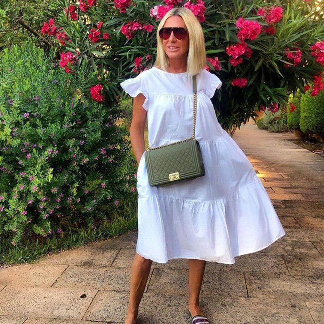 Valenzora | A-line dress, knee-length, short sleeves, floral appliqué, lightweight